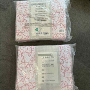 NEW 2 Sets of Grandmillennial Design Lab DL Pink Scattered Bows Sheet Set 6 FULL